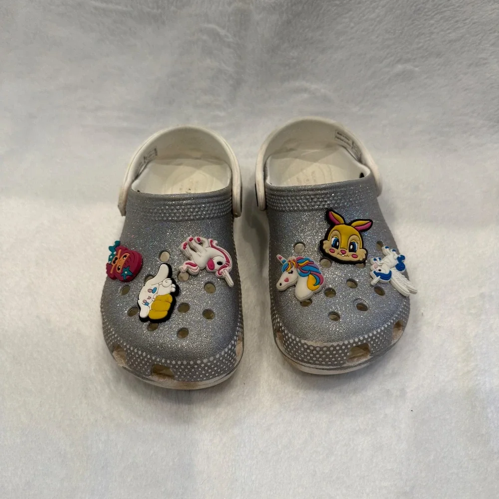 Crocs Kids Classic‎ Glitter Clog Silver Sparkle Unicorn Mermaid Charms Size C10